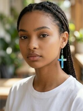 Large Wooden Blue/Green Cross Drop Earrings